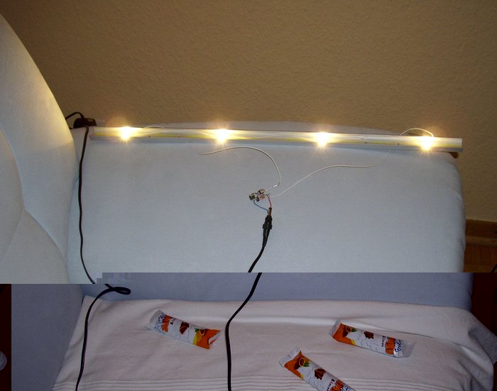 DSCI0041_cut.jpg (487.24 KiB) 28605 mal betrachtet LED-Leiste testweise auf dem Sofa, mit den Schoko-Riegeln habe ich 3 der 4 LEDs über eine Stunde lang abgedeckt --- sie sind nicht geschmolzen, nichtmal weich geworden, das Alu-U-profil erreicht nichtmal Körpertemperatur (350 mA durch die LEDs, alle 20 cm eine LED, U-Profil 20mm breit, Kanten 10 mm, Stärke 2 mm