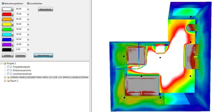 Hier mal eine simulation mit Osram MR16 20 WW 4,5W LED-Lampe als 12V-Version mit Sockel GU5.3