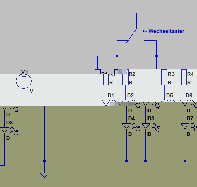 LED Wechselschaltung<br />Im geschlossenen Zustand leuchten die linken 4 LEDs und im geöffneten Zustand die rechten 4.