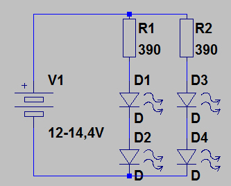 Widerstand: (14,4V - 2*3,5V) / 20mA = 370 Ohm<br />Nächst größerer E24 -&gt; 390 Ohm